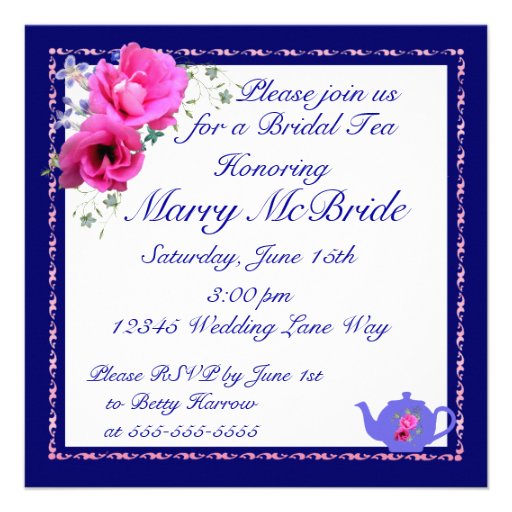 Bridal Tea Invitations Teapot and Pink Flowers