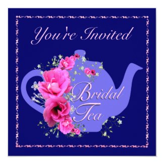 Bridal Tea Invitations Teapot and Pink Flowers