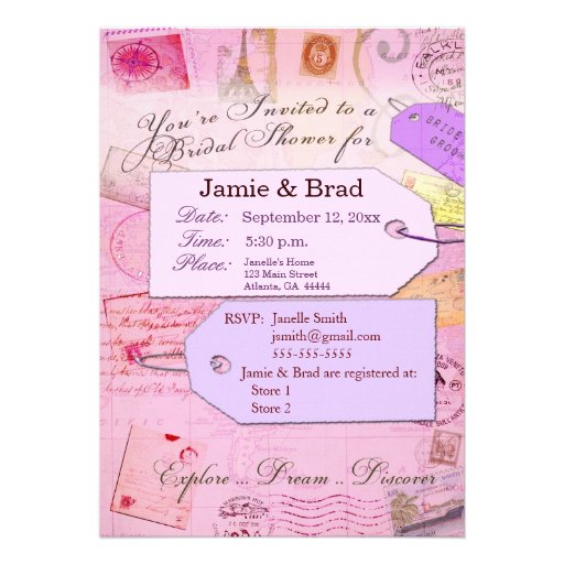 Bridal Travel Shower theme in pink and purple Personalized Invitation