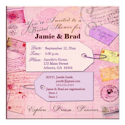 Bridal Travel Shower theme in pink and purple Personalized Invitation