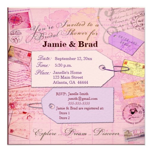 Bridal Travel Shower theme in pink and purple Personalized Invitation