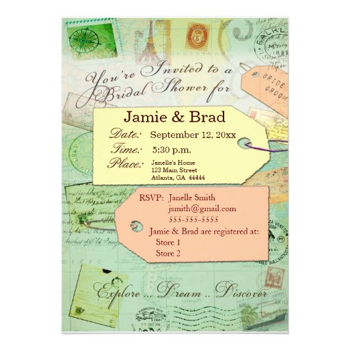 Bridal Travel Shower theme in seafoam and coral Personalized Announcement