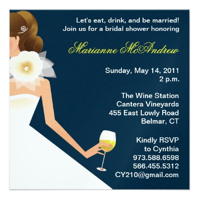 Bridal wine brunette on navy personalized invite