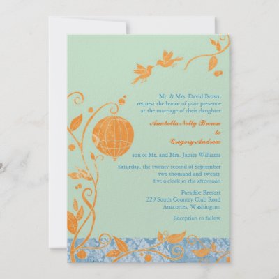 BridalHeaven Floral Love Birds Aqua Orange Wedding Personalized Announcement