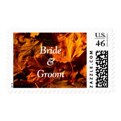 Bride And Groom Fall Leaves Wedding Postage Stamps