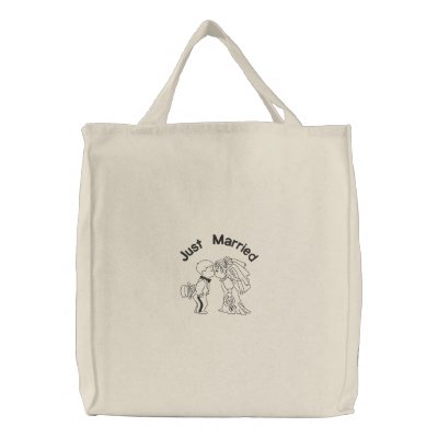 Bride and Groom Kiss - Just Married Embroidered Tote Bags by WedThreads