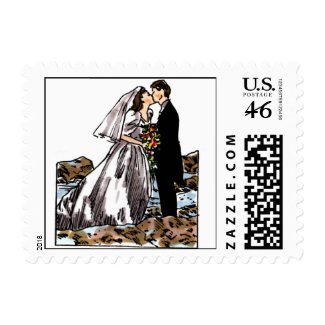 Bride and Groom Kiss on Beach stamp