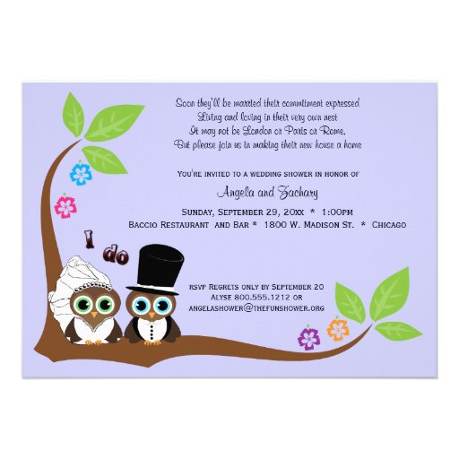 Bride And Groom Owls Lavender Background Shower Custom Announcements