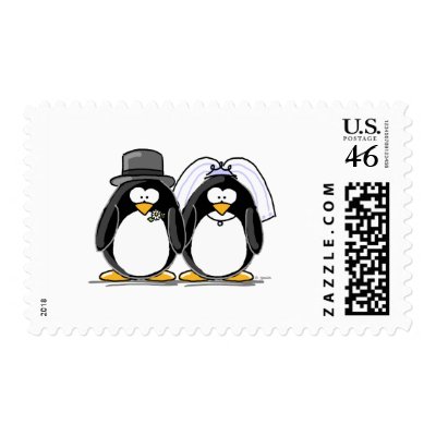 Bride and Groom Penguins Postage by penguinality