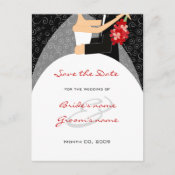 Bride and Groom Save the Date postcards black and red