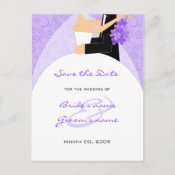 Bride and Groom Save the Date postcards purple