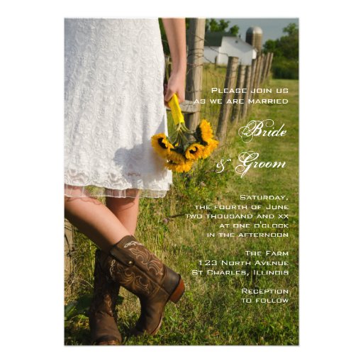 Bride, Boots and Sunflowers Country Wedding Invite
