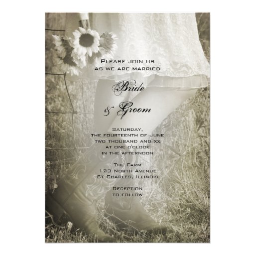 Bride, Boots and Sunflowers Country Wedding Invite