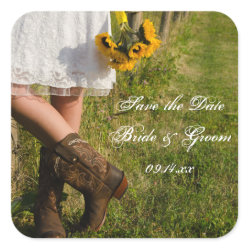 Bride, Boots and Sunflowers Wedding Save the Date Square Sticker