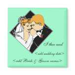 Bride & Groom I Thee Wed Teal Background Fridge Magnets