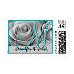 Bride Groom Monogram Turquoise Blue Silver Roses postage