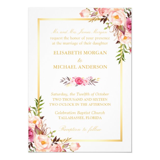 (Brideâ€™s Parents) Elegant Floral Chic Gold Wedding Card (front side)