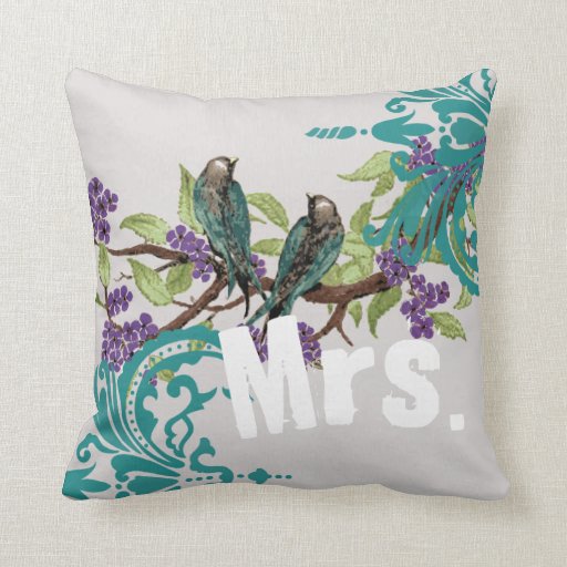 Bride Vintage Teal Birds Damask & Purple Blooms Throw Pillow Zazzle