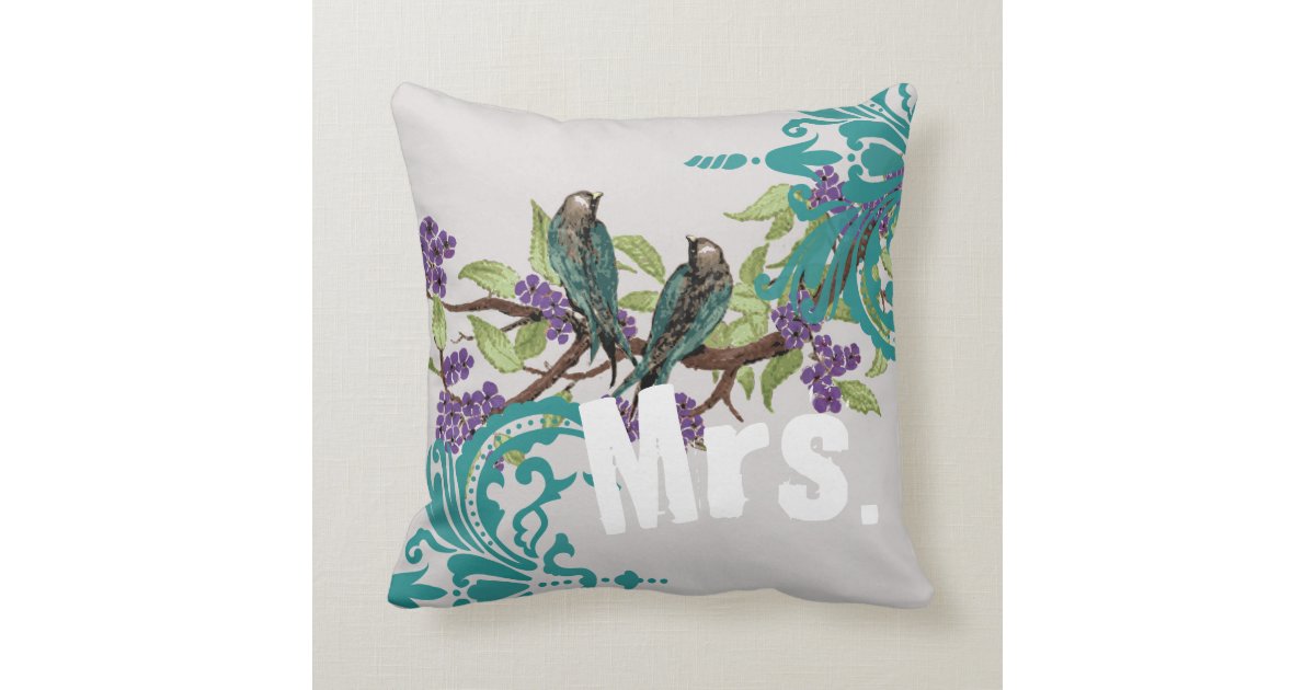 Bride Vintage Teal Birds Damask & Purple Blooms Throw Pillow Zazzle