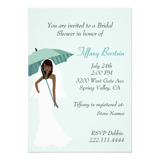 Bride with Teal Umbrella Bridal Shower Invitation (front side)