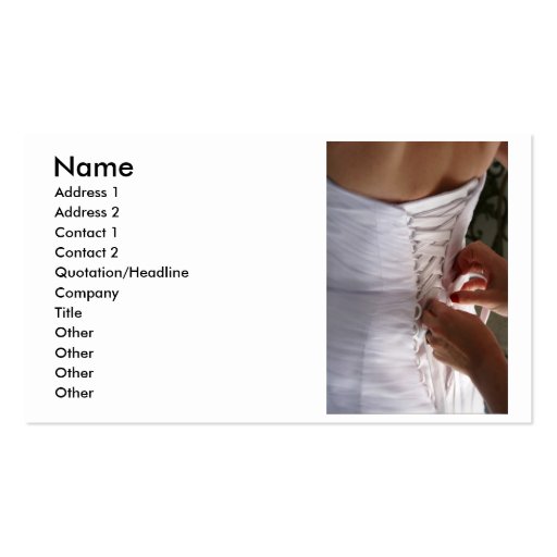 Bridesmaid hand lacing wedding dress photograph business cards (front side)