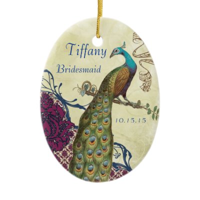 Bridesmaid Navy & Raspberry Vintage Peacock Ornament