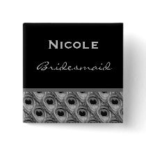 Bridesmaid Silver and Black Peacock Wedding Pinback Buttons
