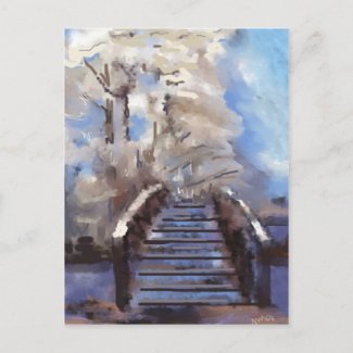 Bridge under white tree painting postcard