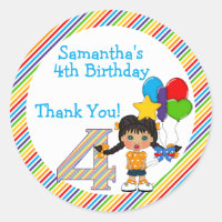 Bright and Colorful Girls 4th Birthday Thank You Sticker