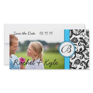 Bright Aqua Black Damask Save the Date Your Photo photocard