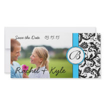Bright Aqua Black Damask Save the Date Your Photo Personalized Photo Card