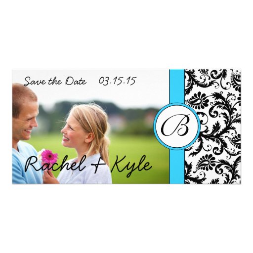 Bright Aqua Black Damask Save the Date Your Photo Personalized Photo Card