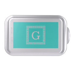Bright Aqua White Greek Key #1 Framed Monogram Cake Pan