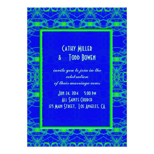 Bright blue Lime Green Pattern Wedding Custom Invitation