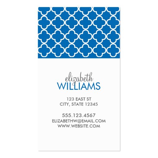 Bright Blue Morrocan Quatrefoil Pattern Business Card (front side)