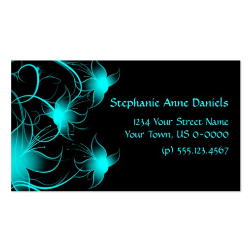 Bright Blue Swirly Flowers on Black Business Card (front side)