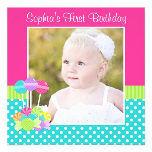 Bright Candy Polka Dot Girl 1st Birthday Photo Personalized Invitation