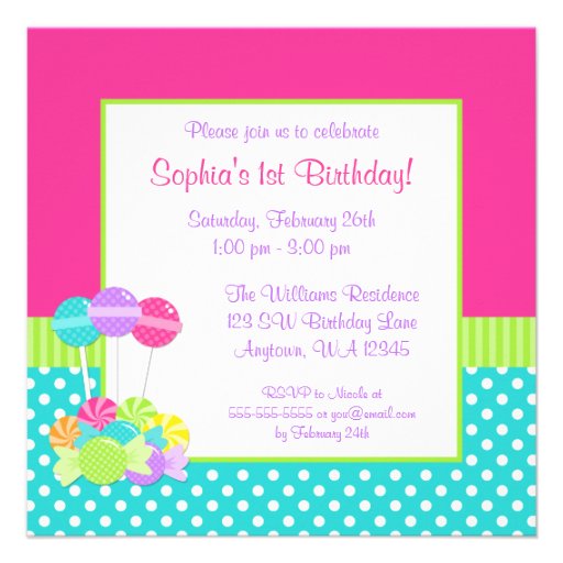 Bright Candy Polka Dot Girl 1st Birthday Photo Personalized Invitation