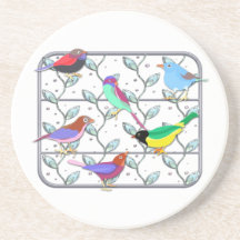 Bright Colored Birds on a Trellis Coaster