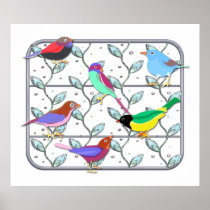 Bright Colored Birds on a Trellis Print
