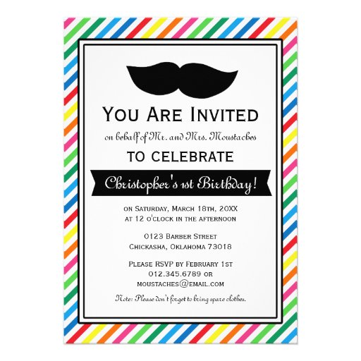 Bright Colorful Boy Moustache Birthday Party Custom Invitations