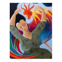 Bright Colorful Rooster and Lady. Postcard