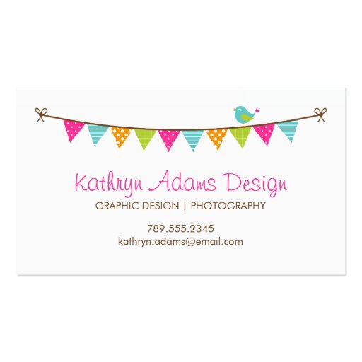 Bright Colors Patterned Bunting and Cute Bird Business Card (front side)