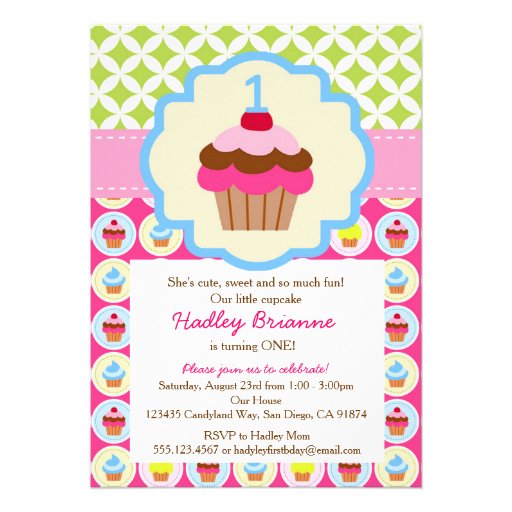 Bright Cupcake 1st Birthday Party Invitation (front side)