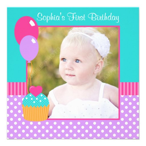 Bright Cupcake Polka Dot Girl 1st Birthday Photo Personalized Announcements
