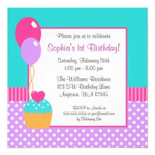 Bright Cupcake Polka Dot Girl 1st Birthday Photo Personalized Announcements