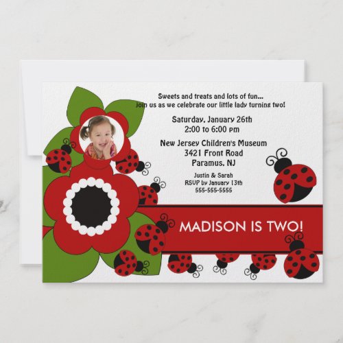 Bright flower & Ladybug Photo Birthday Invitation invitation