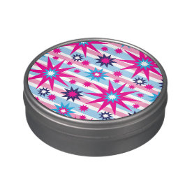 Bright Fun Hot Pink Blue Stars Snowflakes Striped Jelly Belly Tin