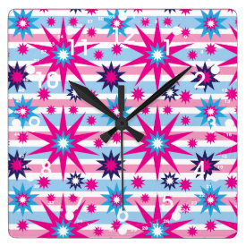Bright Fun Hot Pink Blue Stars Snowflakes Striped Clock