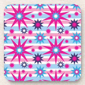 Bright Fun Hot Pink Blue Stars Snowflakes Striped Drink Coaster